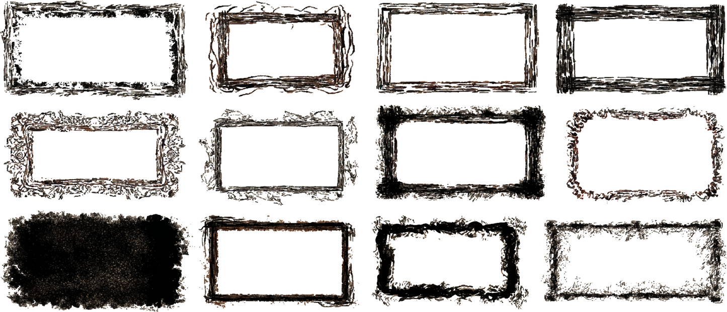 Twelve dark rust-edged rectangular frames decay on deep dark black