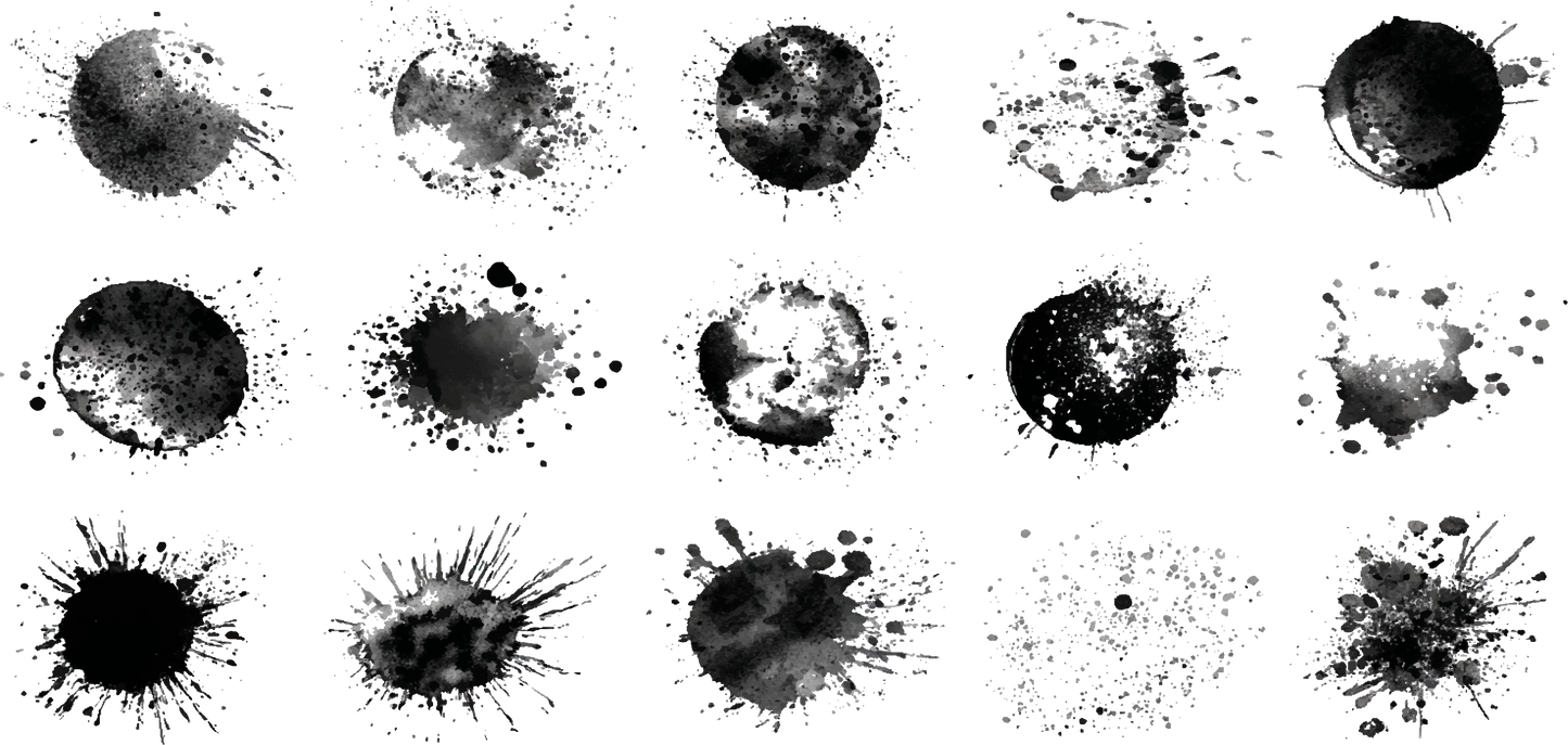 15 grunge ink rings and splats dissolve on black
