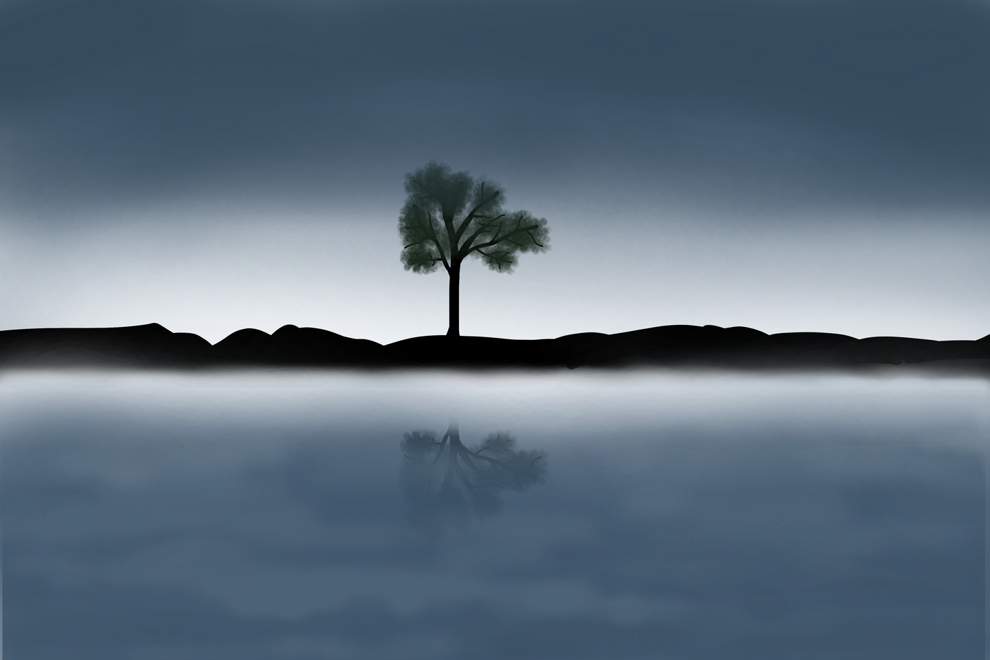 Reflective Dusk | Minimalist Lake & Tree Illustration