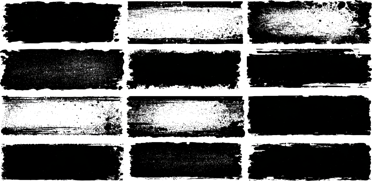 Twelve dark rust-edged rectangular frames decay on deep dark black