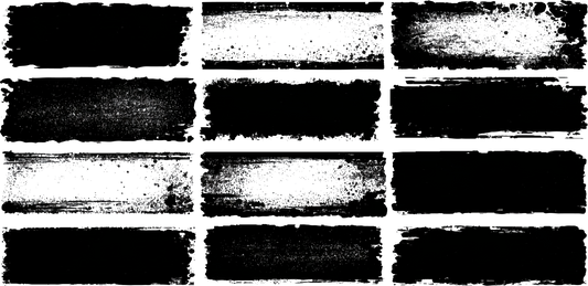 Twelve dark rust-edged rectangular frames decay on deep dark black
