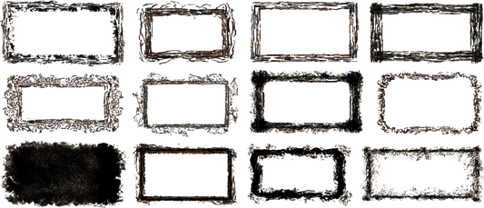 Twelve dark rust-edged rectangular frames decay on deep dark black