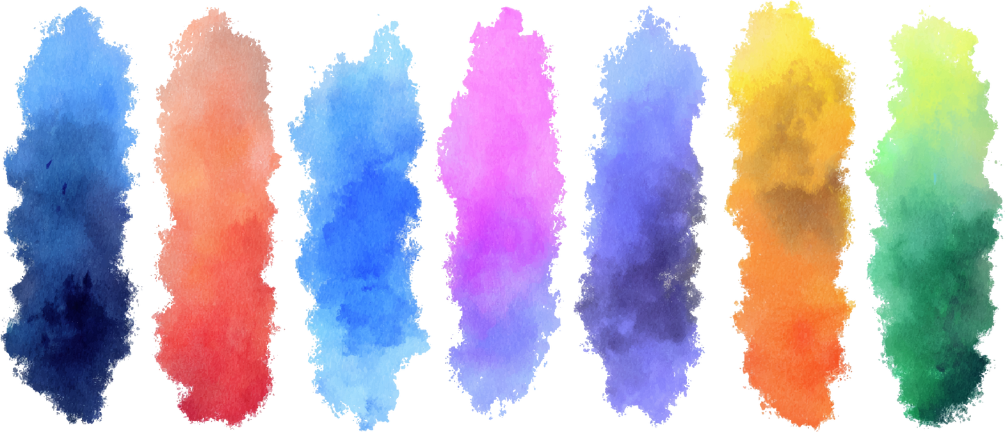 Seven tall vertical watercolor columns glow like stained glass panes