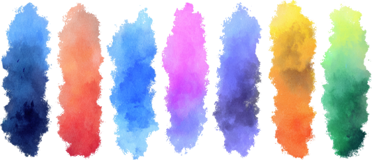 Seven tall vertical watercolor columns glow like stained glass panes