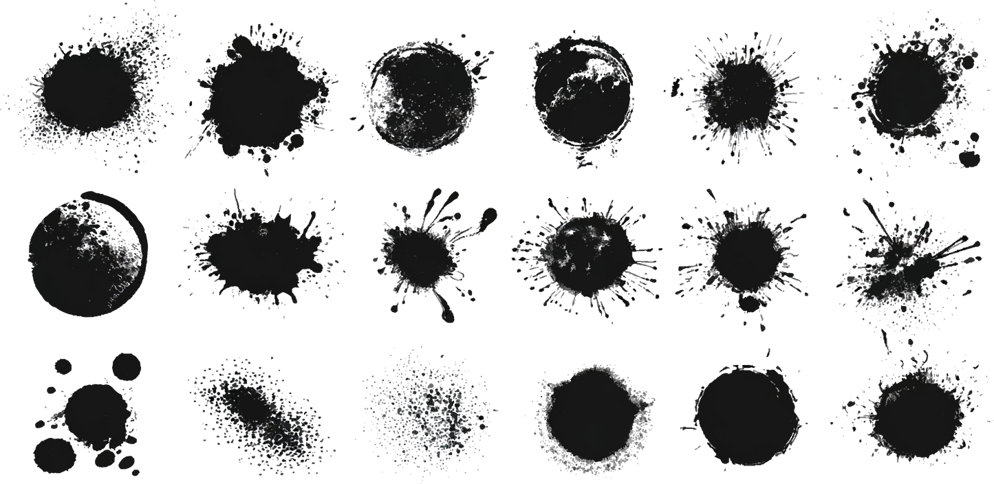 18 grunge ink rings and splats dissolve on black