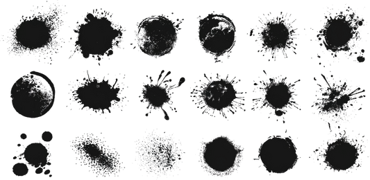 18 grunge ink rings and splats dissolve on black
