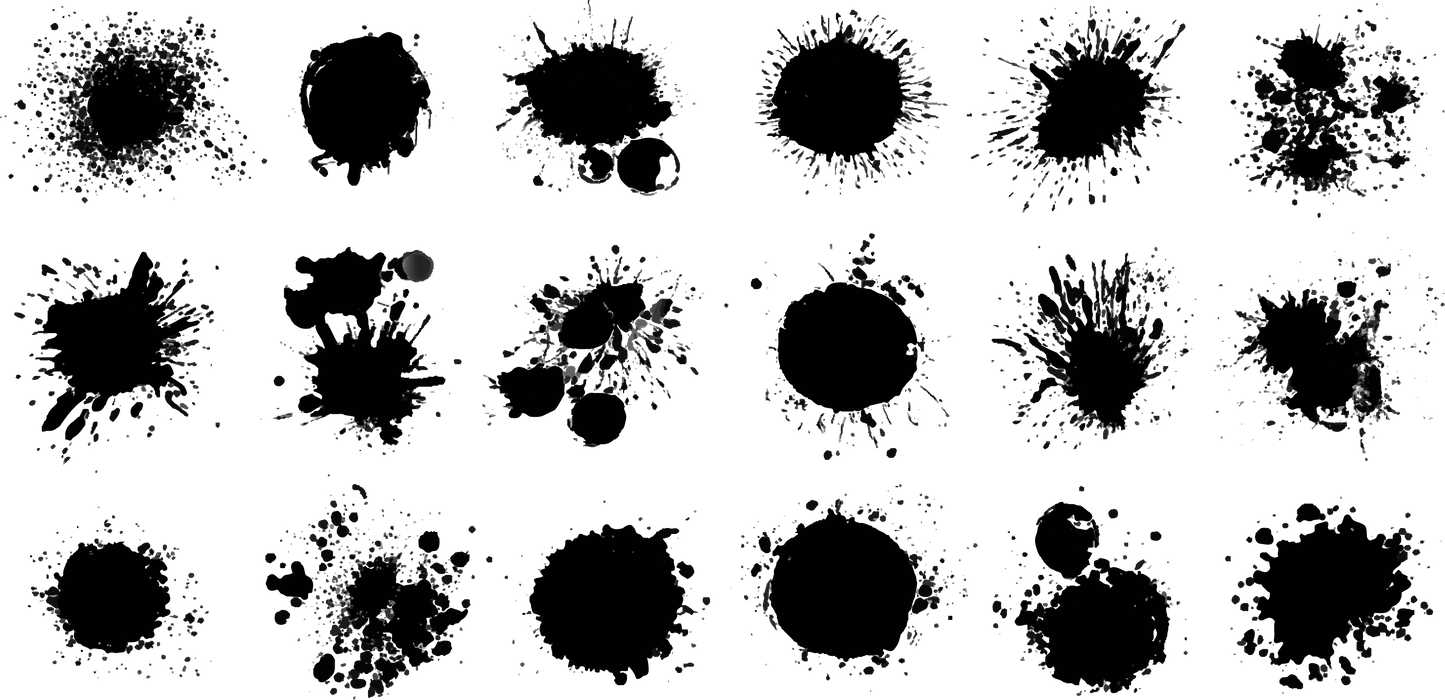 18 grunge ink rings and splats dissolve on black