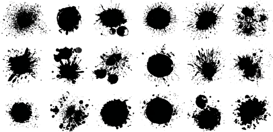18 grunge ink rings and splats dissolve on black