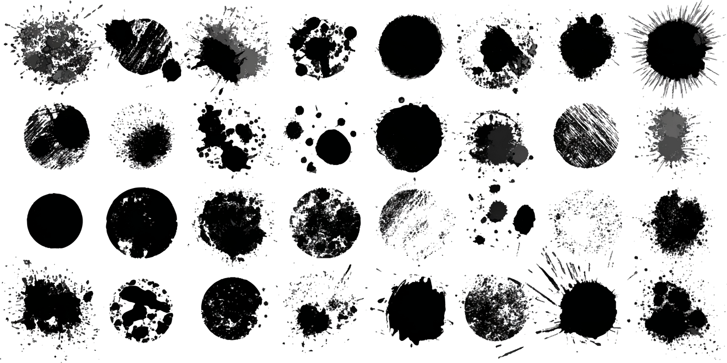 32 grunge ink rings and splats dissolve on black