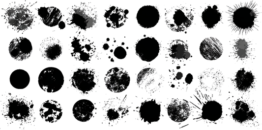 32 grunge ink rings and splats dissolve on black