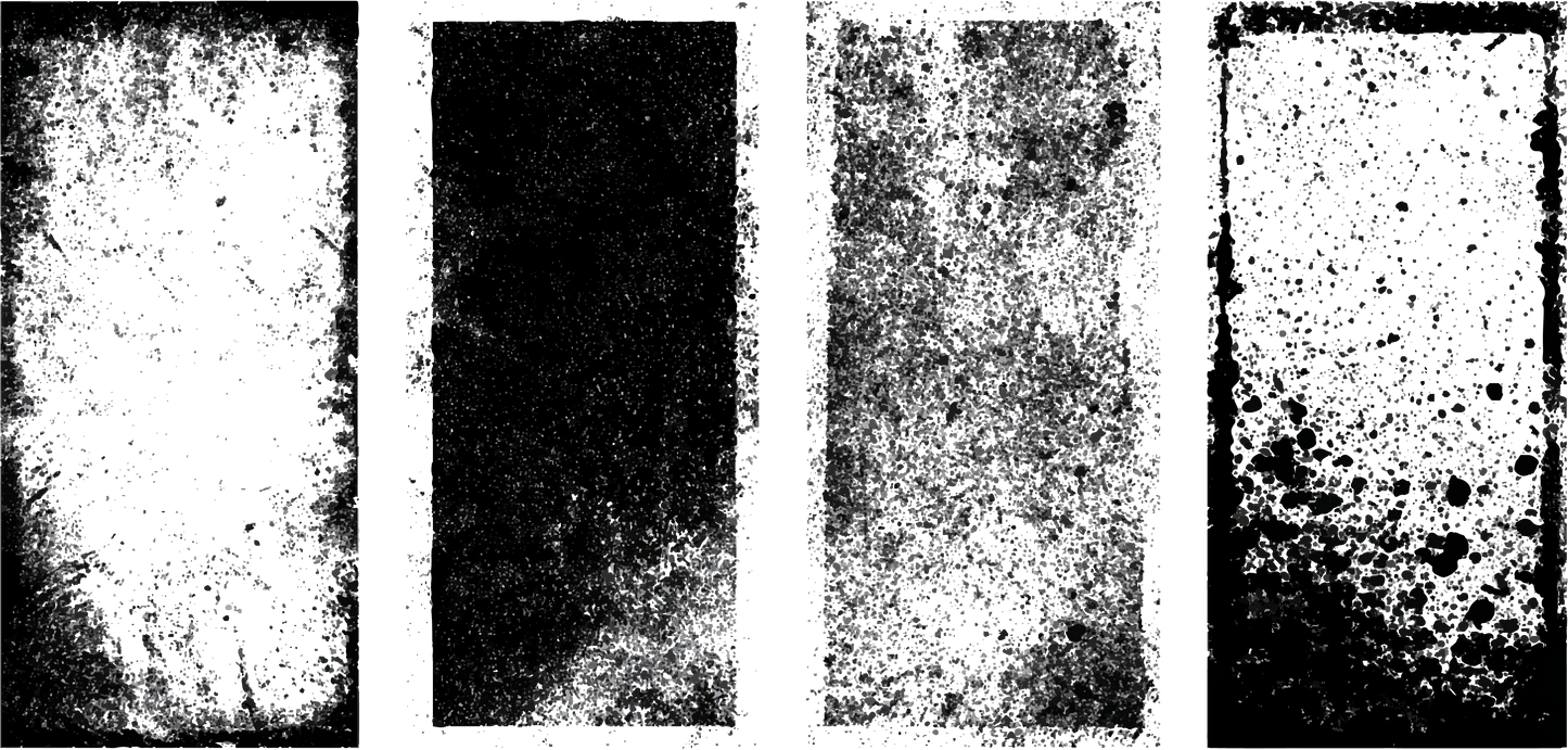 Four dark grainy rectangles crumble with speckled dusty noise