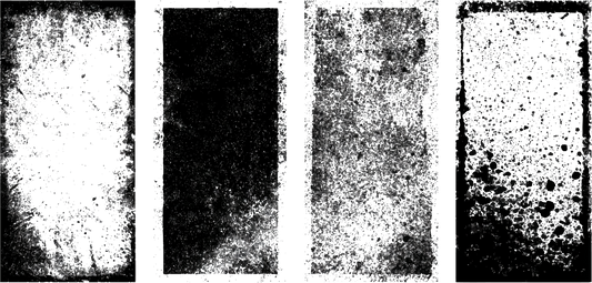 Four dark grainy rectangles crumble with speckled dusty noise